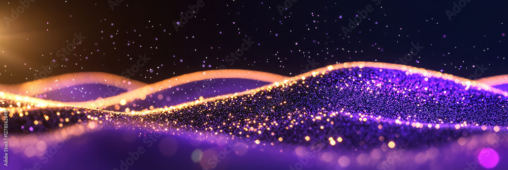 Poster radiating waves of tiny glitter particles under a soft spotlight, creating sparkling arcs in a