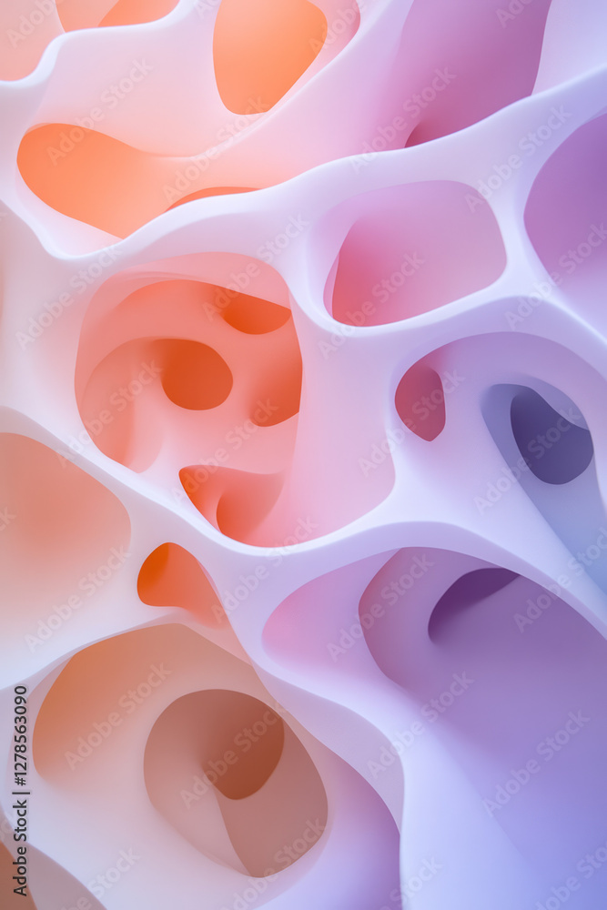 Poster smooth, abstract forms in mint and lilac with multiple uneven cutouts, resembling soft coral