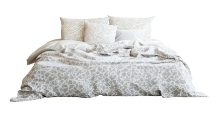 Rumpled bedding featuring ornate pattern, soft pillows scattered across transparent surface, ideal for home decor visualizations