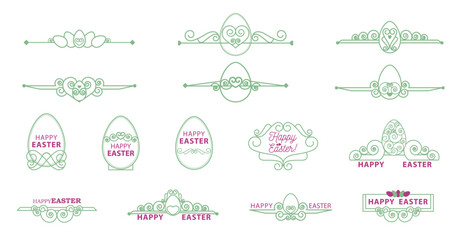Set of decorative dividers with Easter eggs, curls and a greeting phrase. Egg-shaped frame and greeting decorative inscriptions. Page decors in purple and green colors. Design elements.