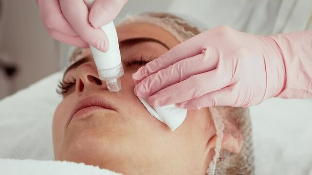 Patient woman undergoing hydra facial device treatment at holistic beauty center. Beautician performing procedure to cleanse and rejuvenate skin. Non-invasive method promoting natural glow and