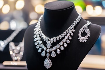Elegant Diamond Necklace Set Displayed on Black Velvet Mannequin