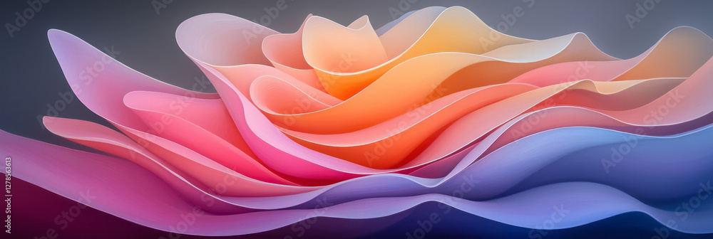Poster softly contoured shapes arranged in a spiral pattern, each shape blending from a cool sapphire edge