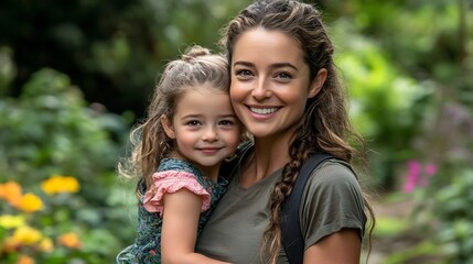 Fototapeta premium Heartwarming portrait of mother holding her little girl in nature setting