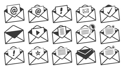 Hand-Drawn Email Icon Set with Notification and Read Status in Blue and Dark Theme