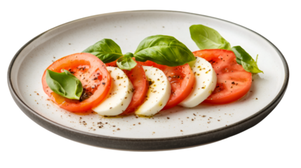 Sliced tomatoes and mozzarella cheese with basil leaves seasoned with pepper on a plate with transparent background