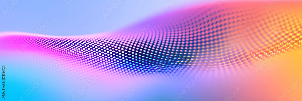 Poster soft gradient swirl of tiny luminous circles, fading from bright neon center rings to subdued