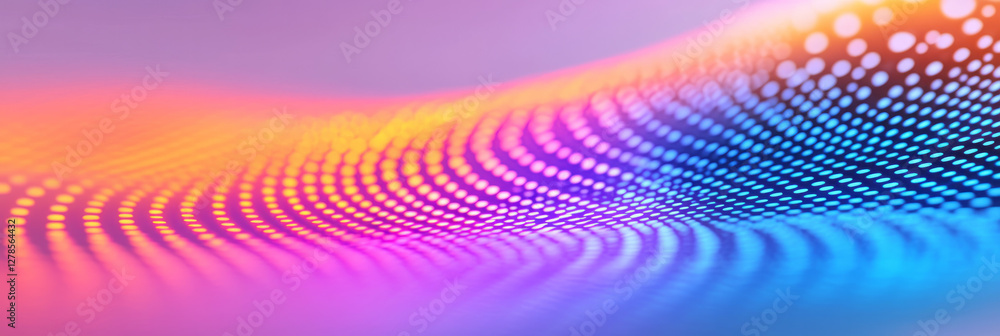 Poster soft gradient swirl of tiny luminous circles, fading from bright neon center rings to subdued