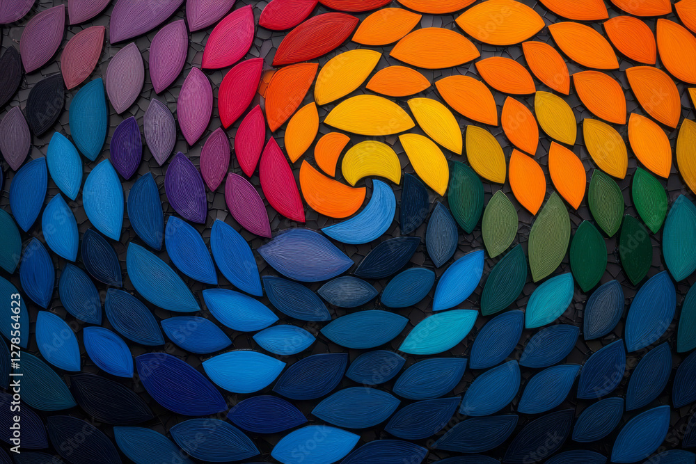 Poster polka-dot mosaic twisting like a vortex, transitioning from bold, saturated tones to subtle,