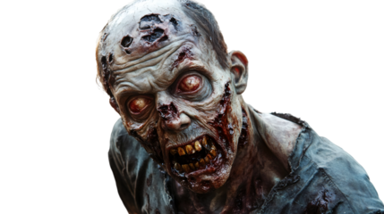 Decaying zombie with glowing red eyes, snarling menacingly, emerging from shadowy background