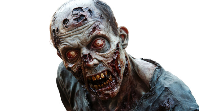 Decaying zombie with glowing red eyes, snarling menacingly, emerging from shadowy background