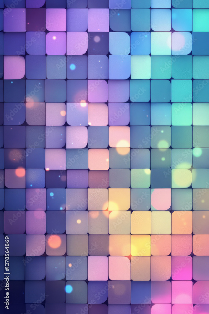 Poster crisp lattice of overlapping squares set against a dark backdrop, highlighted by a scattering of