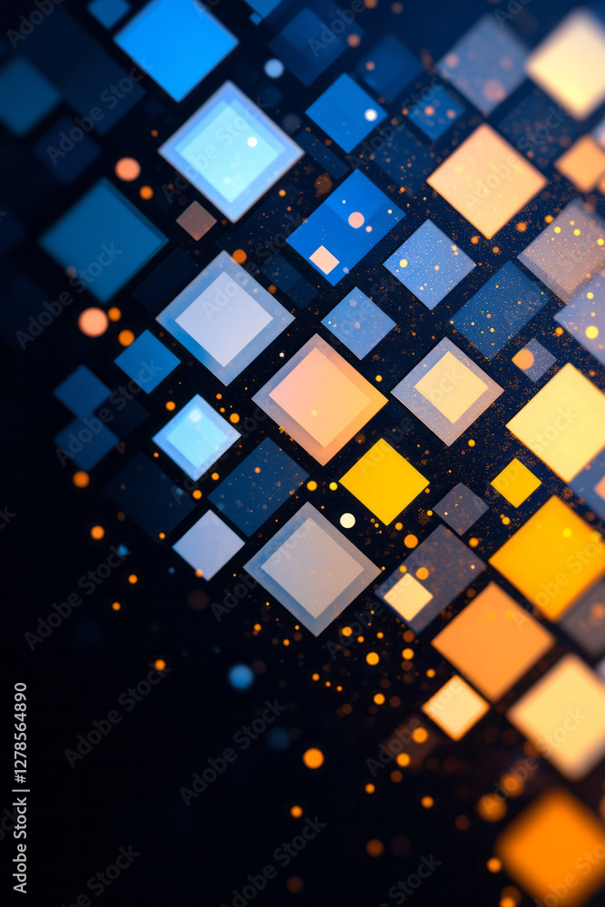 Poster crisp lattice of overlapping squares set against a dark backdrop, highlighted by a scattering of