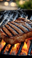 Grilled steak sizzling on barbecue grill with smoke rising, showcasing perfect sear marks and juicy texture, ideal for summer cookouts and outdoor dining, grilling concept