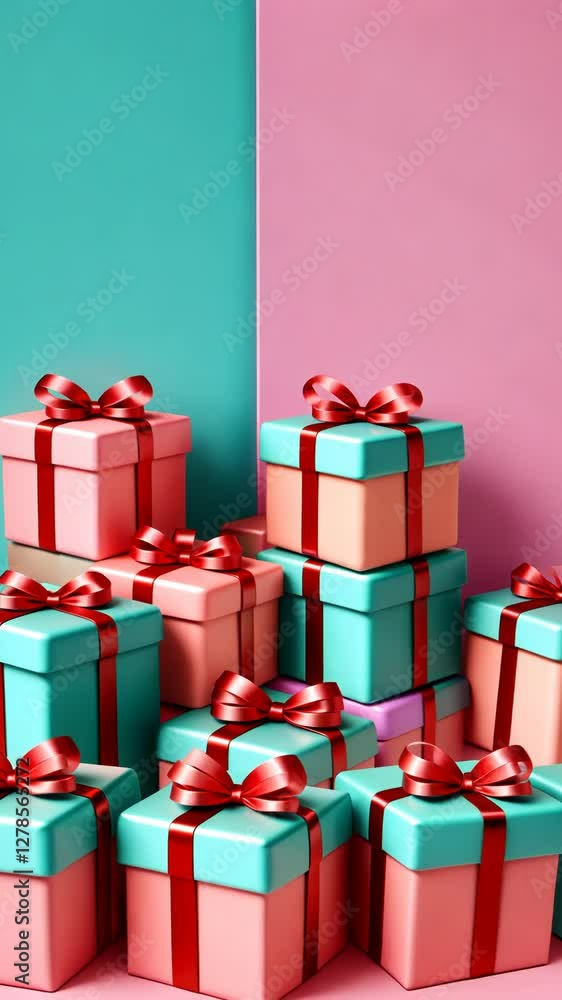 Aufkleber A stack of presents with red bows on them. The presents are in different colors and sizes. The stack is on a pink background