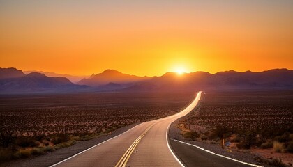 Fototapeta premium asphalt highway vanishing into a vibrant sunset over a vast mountainous desert landscape