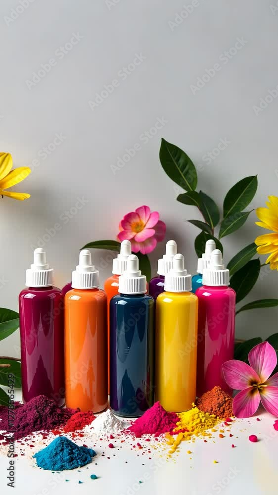 Poster A row of colorful bottles of paint are on a table. The bottles are of different colors and sizes