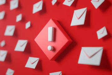Red 3D spam message alert email with white envelopes. Potential cybersecurity danger scam warning. Cyberspace online data leak.