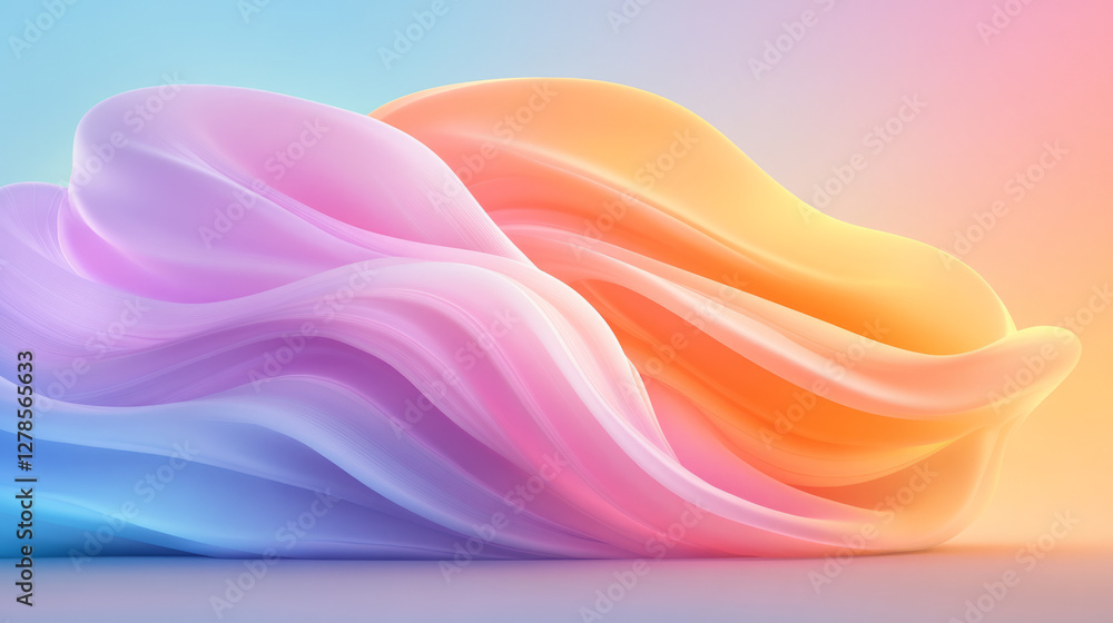 Poster multicolored fluid swirl made of rippling pastel ribbons that blend flawlessly, creating a glossy,