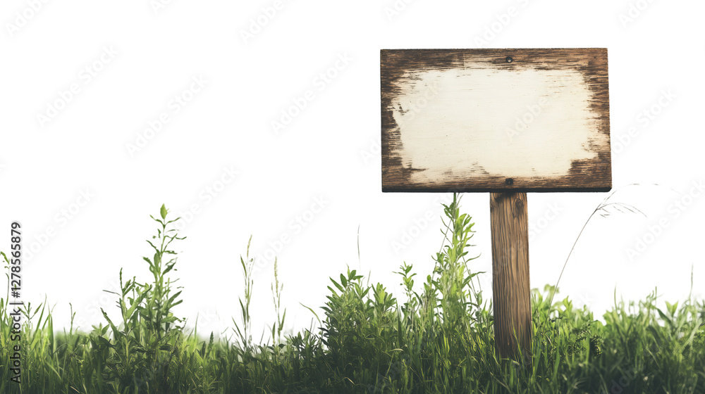 Poster Wooden sign emerging from green grass with transparent background, ideal for adding custom text and graphics