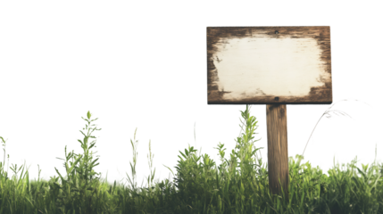 Wooden sign emerging from green grass with transparent background, ideal for adding custom text and graphics