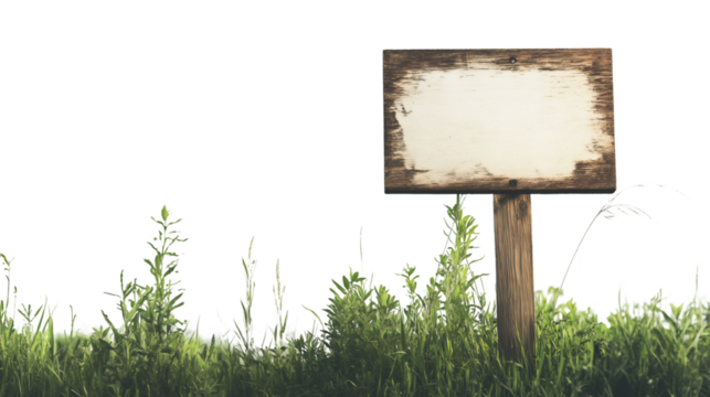 Wooden sign emerging from green grass with transparent background, ideal for adding custom text and graphics