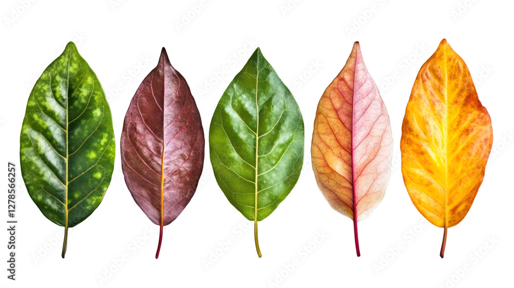 Aufkleber withering maple leaves transitioning from green to warm autumn hues against transparent backdrop