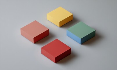 Obraz premium Four colorful cubes arranged diagonally on a gray background.