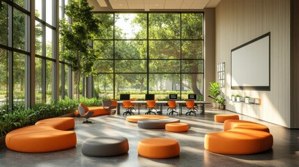 A modern workspace featuring vibrant orange seating, large windows with greenery, and a relaxed atmosphere for collaboration and creativity.