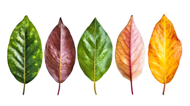 Withering maple leaves transitioning from green to warm autumn hues against transparent backdrop