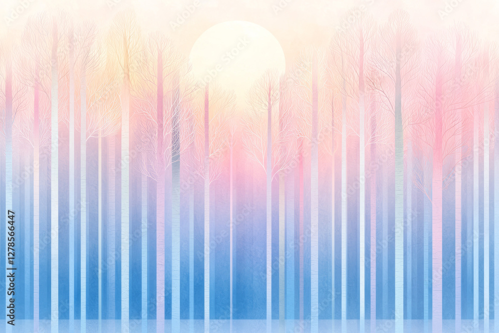 Poster dreamlike cylinder forest where each trunk is tinted with soft pastel color gradients, set against