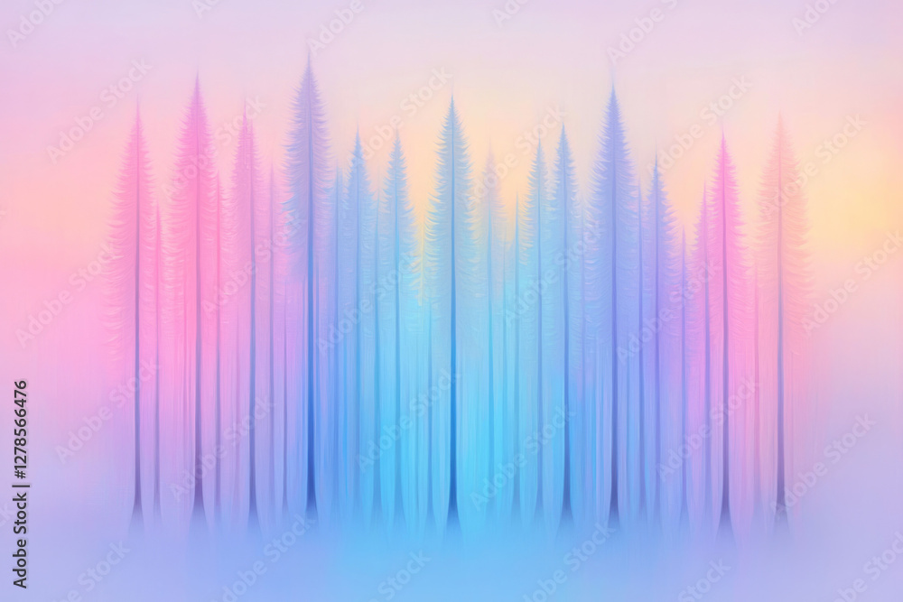 Poster dreamlike cylinder forest where each trunk is tinted with soft pastel color gradients, set against