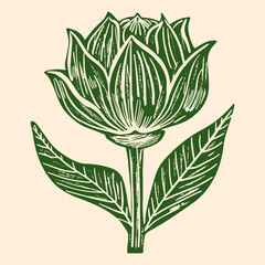 Flowers linocut vector illustration with grunge texture. Monochrome linear woodcut illustration