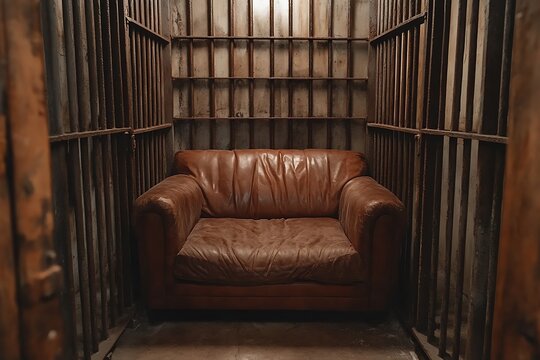 Rusty Jail Cell with Leather Couch