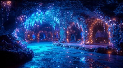 Fototapeta premium Enchanting Cave: A mesmerizing view of a luminescent cave system with glowing blue waters and enchanting rock formations, creating an atmosphere of wonder and fantasy.