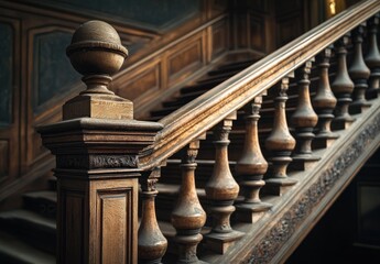 Ornate wooden staircase with carved banister and newel post in a historic building.