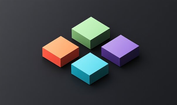 Fototapeta Four colorful isometric cubes on dark background.