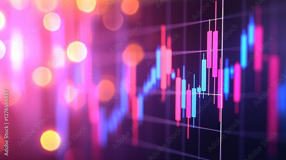 Poster a vibrant financial chart displaying colorful candlestick patterns against a blurred, illuminated ba