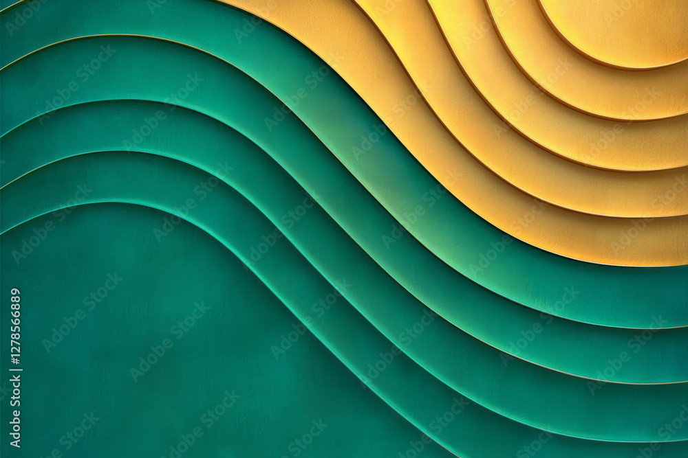 Poster smoothly radiating arcs in gradient turquoise and gold, arranged in a repeating rippled pattern for