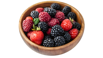 Wooden bowl displaying ripe mixed berries - raspberries, blackberries, strawberries - highlighting fresh, nutritious produce against transparent backdrop