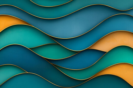 Fototapeta Smoothly radiating arcs in gradient turquoise and gold, arranged in a repeating rippled pattern for