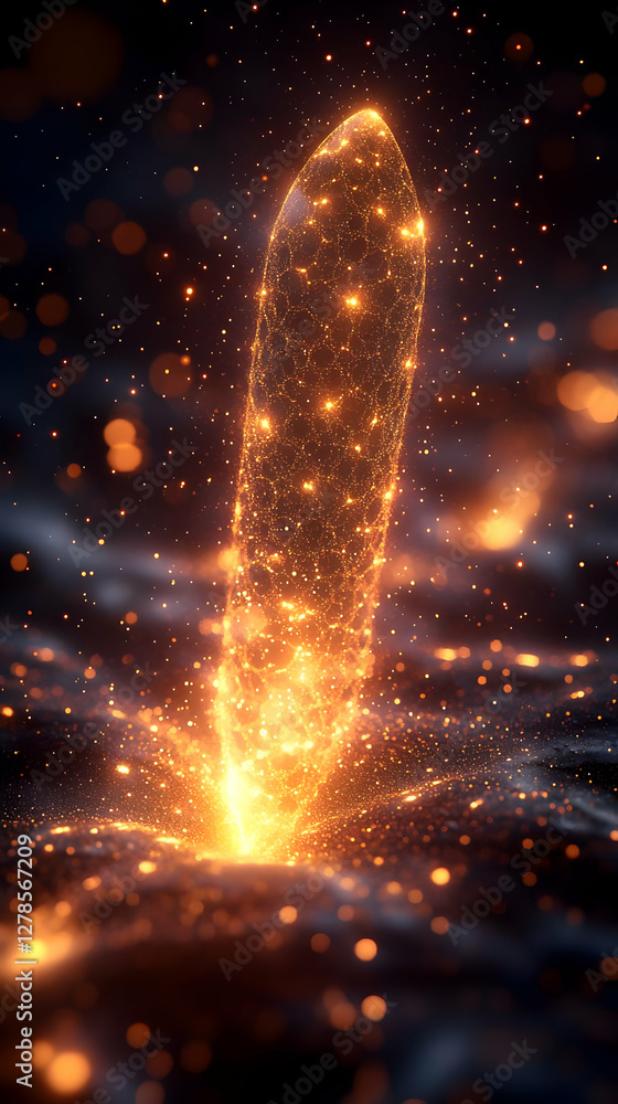 Poster abstract pillar of golden glowing particles shimmering in dark background with bokeh