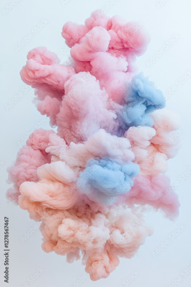 Poster flowing clouds of translucent color in pink and gold, merging smoothly like ink dissolving in water,