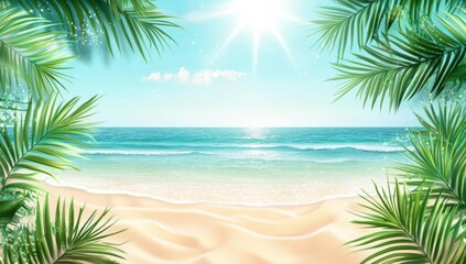 Relaxing beach scene with palm trees and ocean waves tropical paradise digital artwork bright daylight aesthetic view