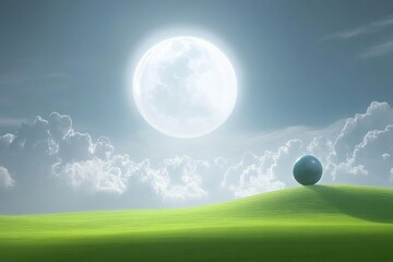 Dreamy Landscape with Moon and Sphere Over Lush Green Hills