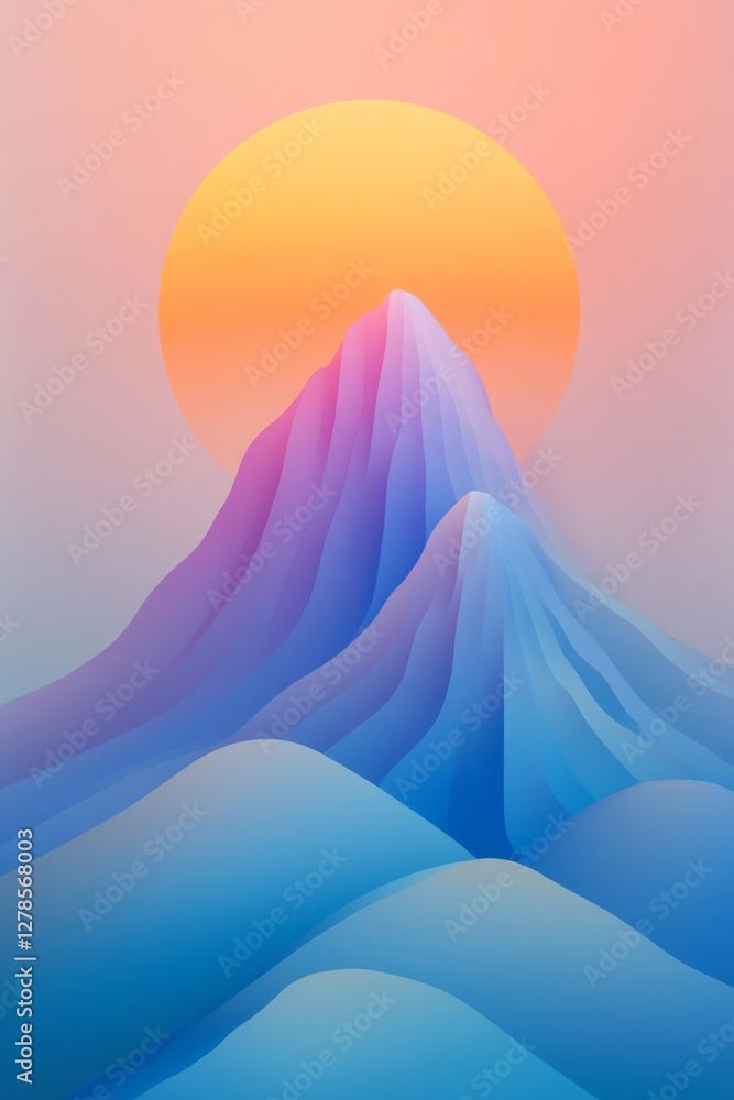 Poster abstract polygonal cliffs in bold gradient tones, topped by a sun so luminous it creates prismatic