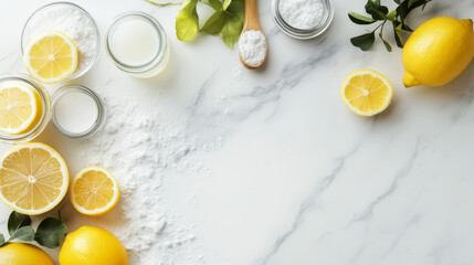 An eco-friendly cleaning setup with vinegar, baking soda, and lemon arranged on a white marble kitchen table, providing space for text
