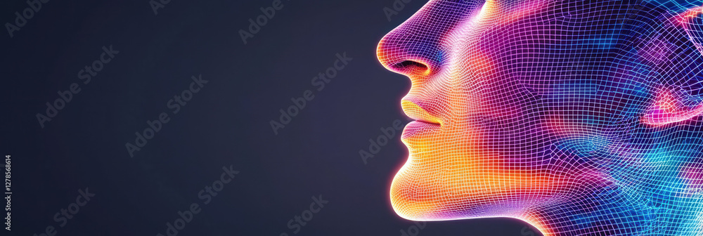 Poster minimalist side profile formed by a network of luminous grid shapes, highlighted by bold iridescent