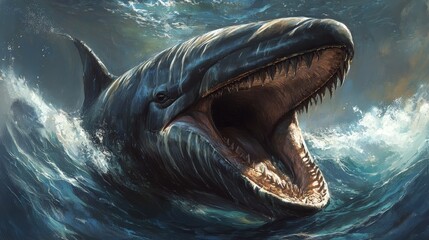 Obraz premium A shark’s mouth gapes wide, showcasing razor-sharp teeth. Its head tilts slightly left, adding dynamism to the fierce expression