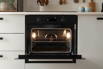 empty electric oven with two black round handles integrated in a modern kitchen with the door slightly open at 45 degress and the light is on